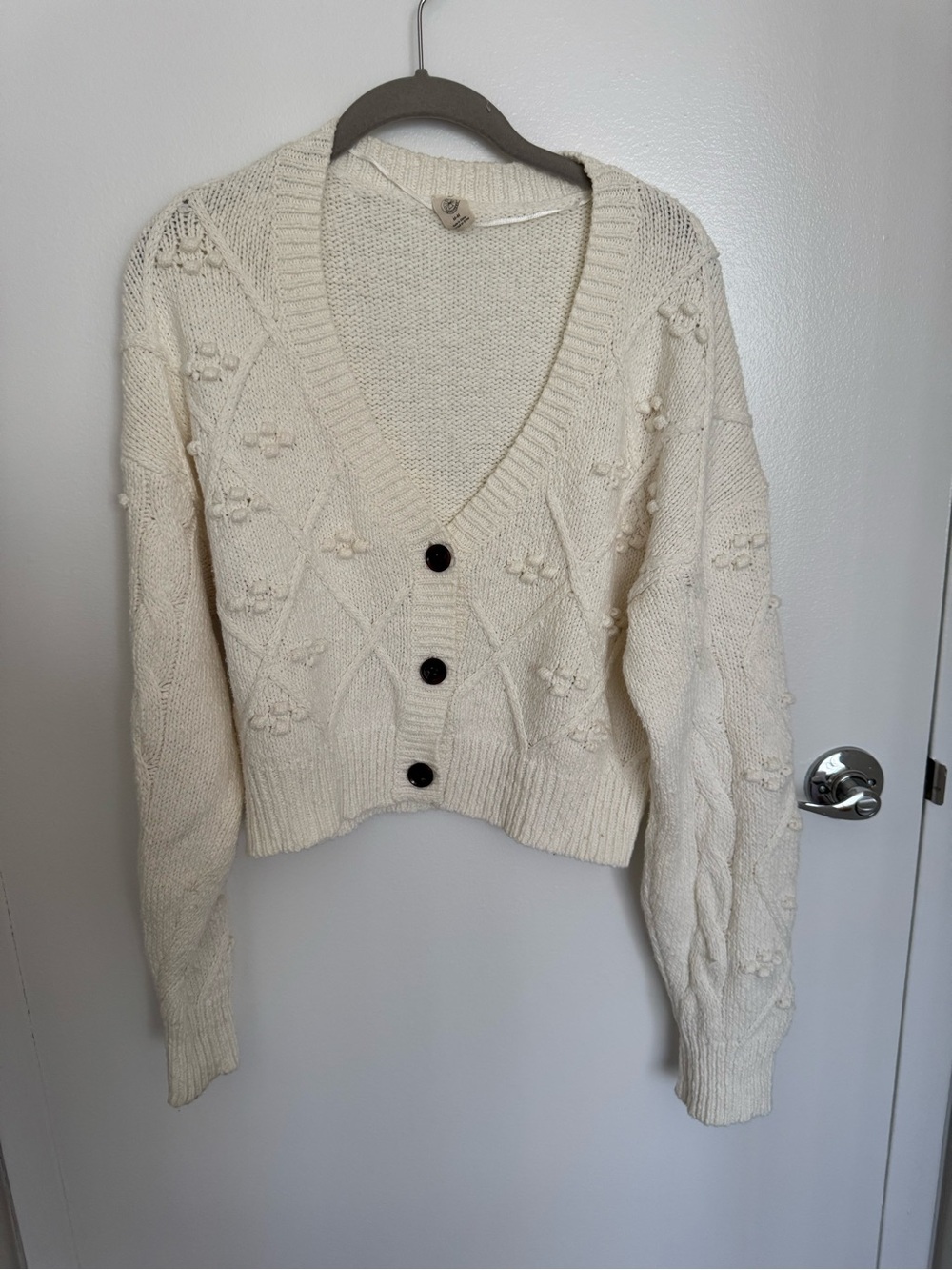 Urban Outfitters Cream Textured V‑Neck Button Cardigan